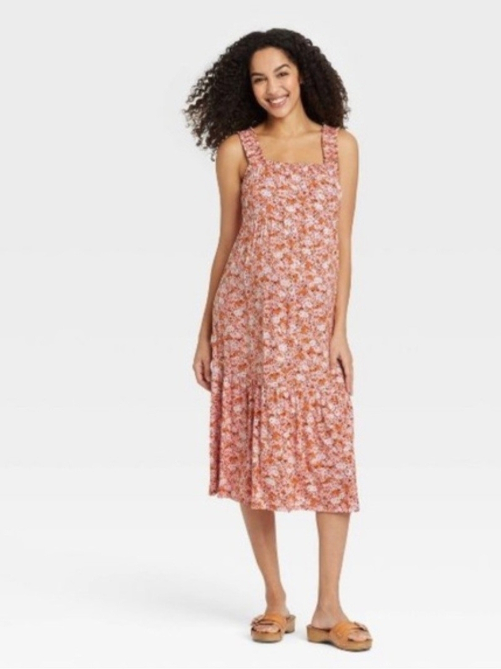 Floral Square-Neck Midi Maternity Dress in Rust Pink